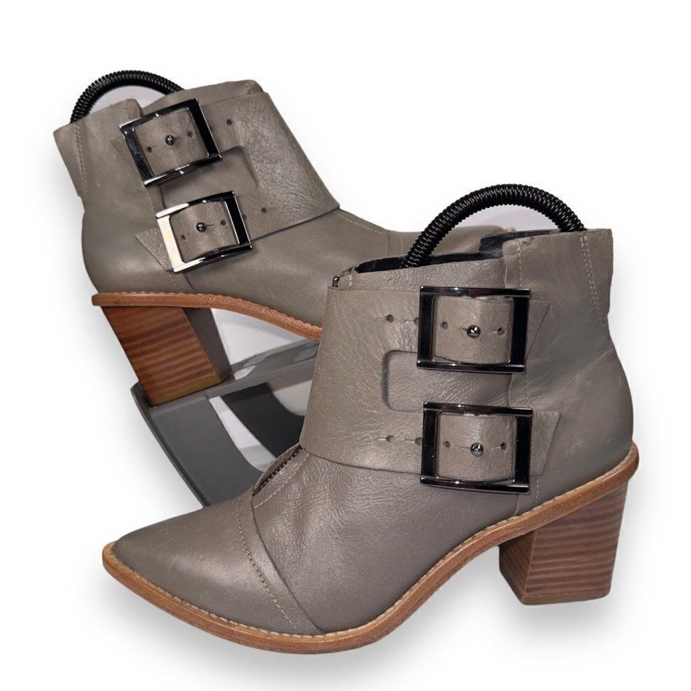 Tibi New York Block Heel Buckle Leather Ankle Booties Grey Women's 6.5